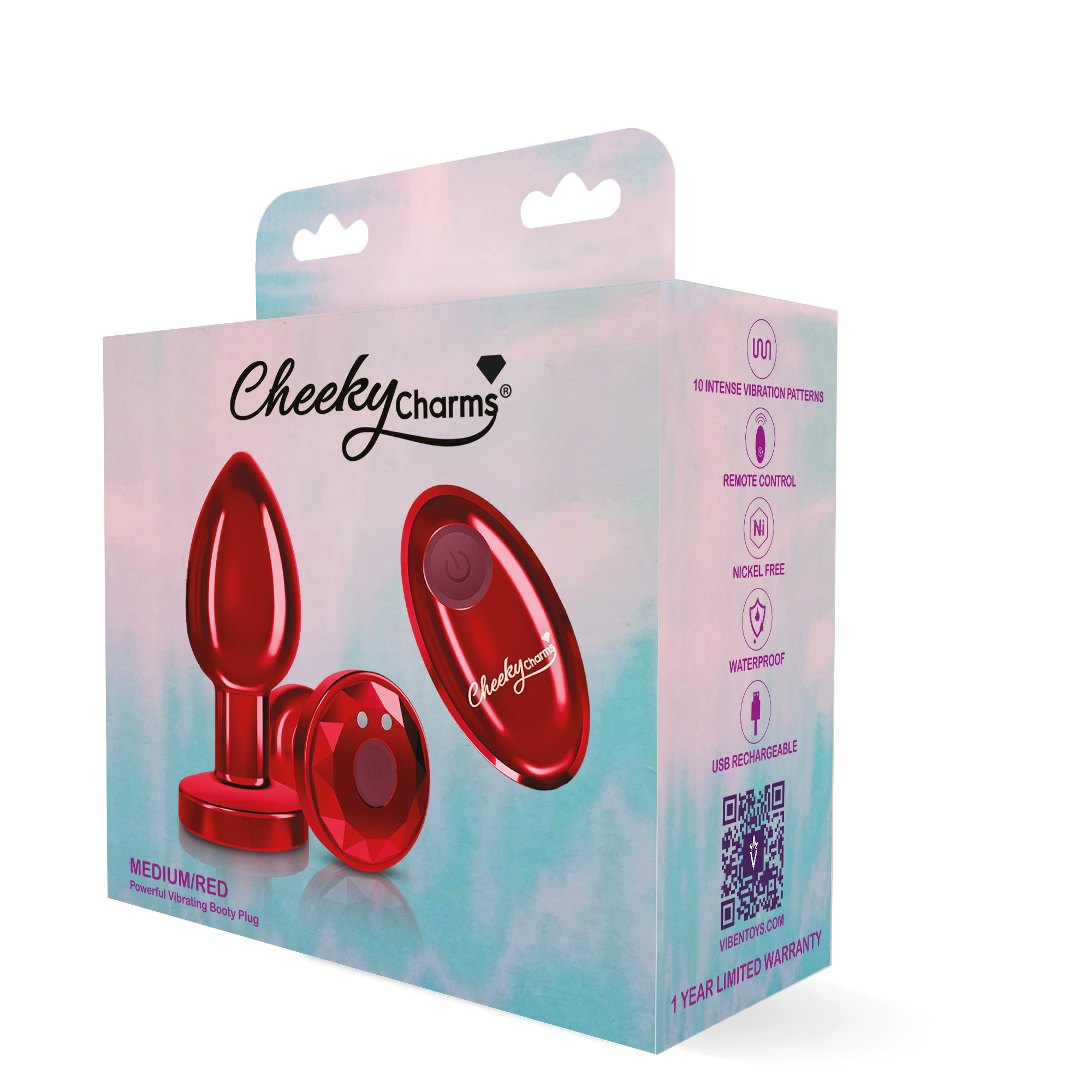 Cheeky Charms Red Rechargeable Vibrating Metal Butt Plug Small Butt Plugs - Vibrating