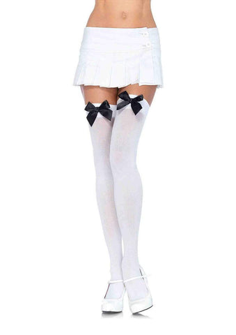 Leg Avenue Nylon Thigh Highs With Satin Bow Accents White Multi Hosiery