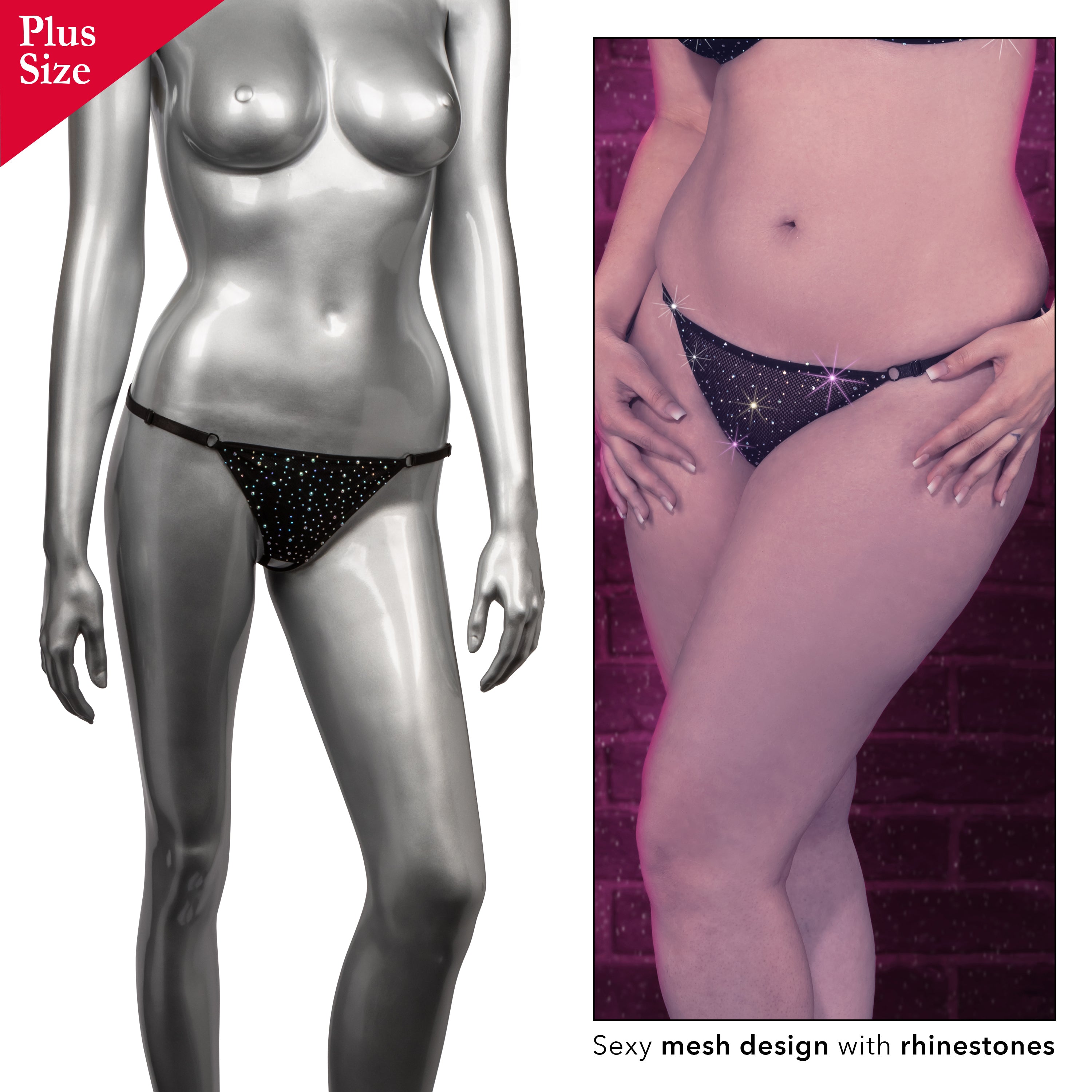 Radiance Plus Size Black Crotchless Thong with Rhinestone Accents Fits Up to 3X > Clothes > Plus Size Lingerie