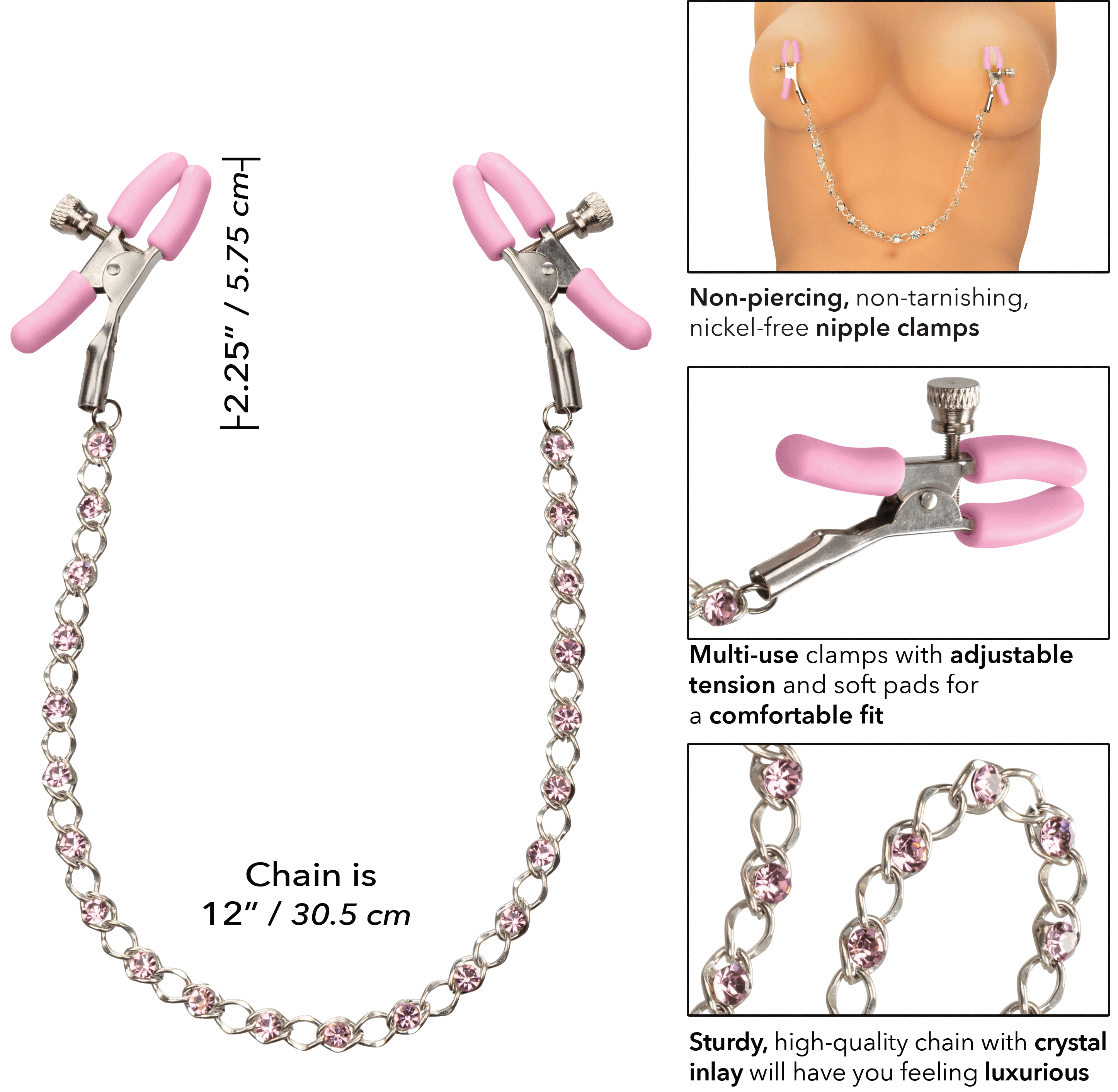 Nipple Play Crystal Chain Adjustable Nipple Clamps with Pink Silicone Coating and Sparkling Crystals Nipple Clips