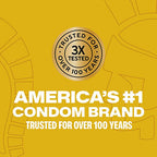 Trojan background, gold seal “3X tested, trusted for over 100 years” & “America’s #1 condom brand – trusted for over 100 years