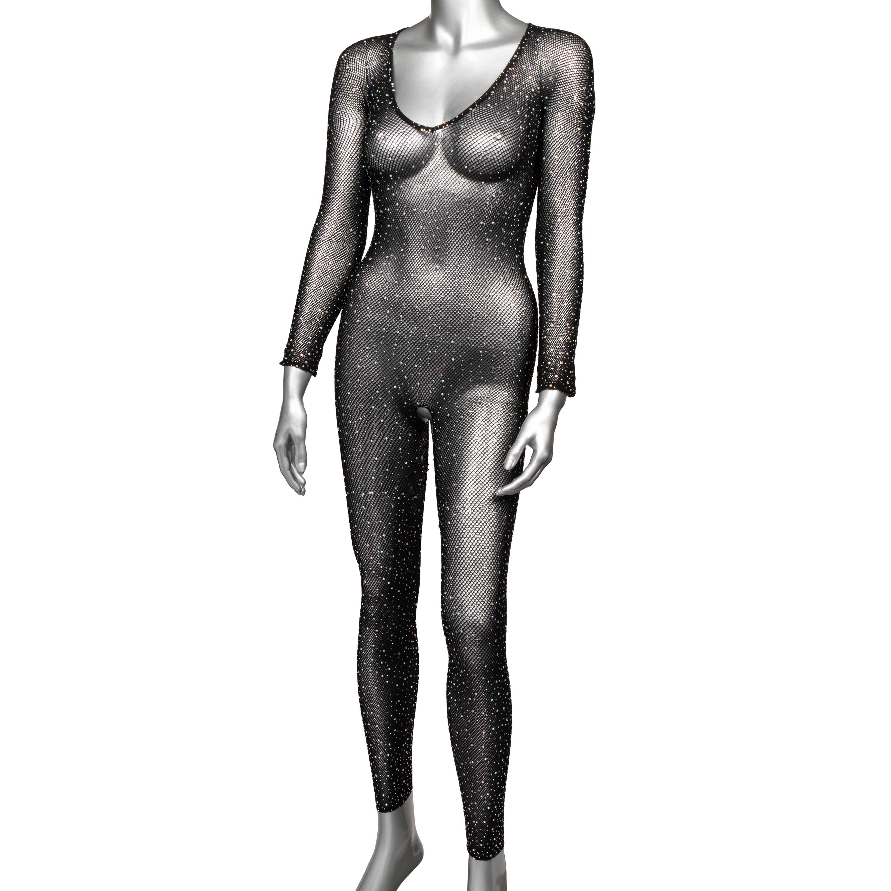 Radiance Crotchless Full Body Suit Black Mesh with Rhinestones, One Size > Clothes > Bodies and Playsuits