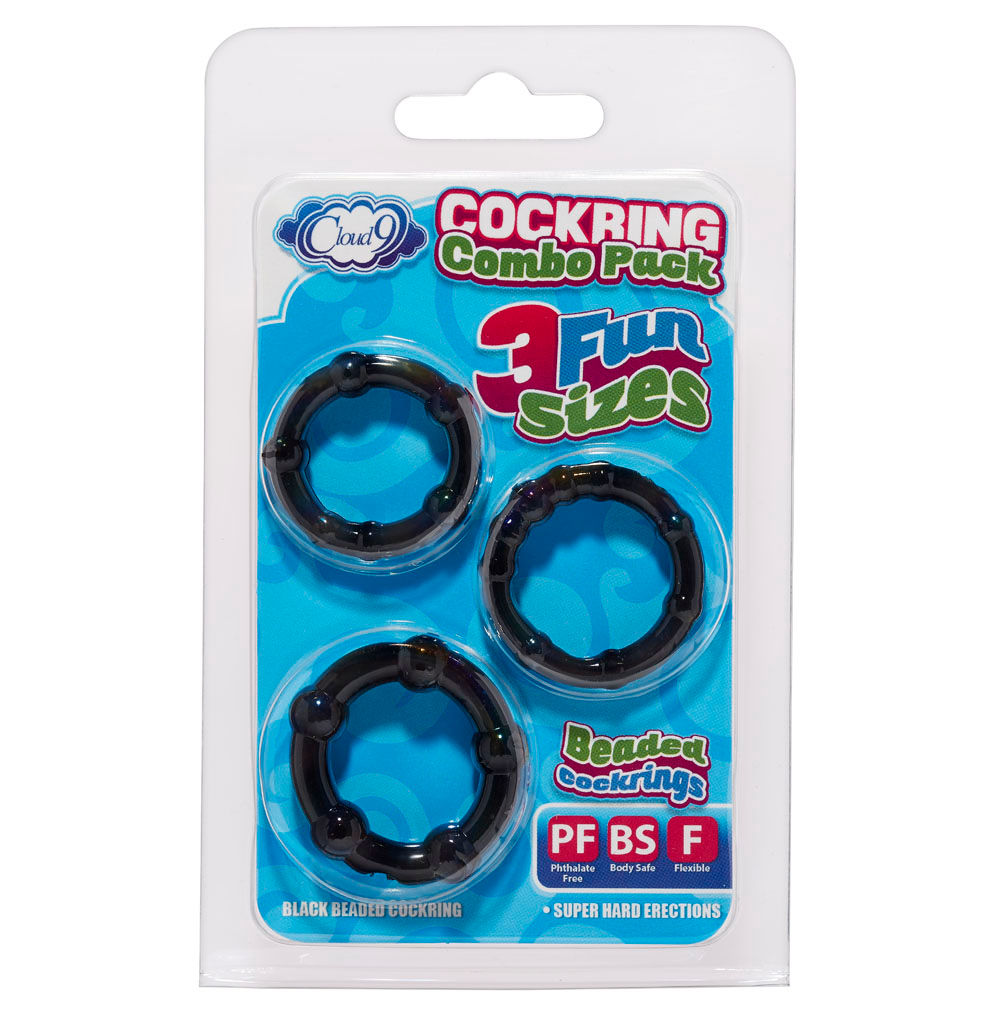 Cloud 9 Novelties Super Stretch Beaded Cock Ring Combo Pack (Black) – Skin Safe Cock Rings Black > Cock Ring > Sets Main image
