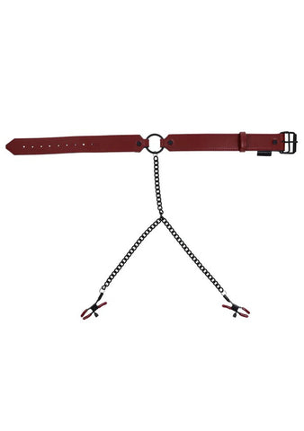 Saffron Bondage Collar With Nipple Clamps in Black and Red Nipple Clamps