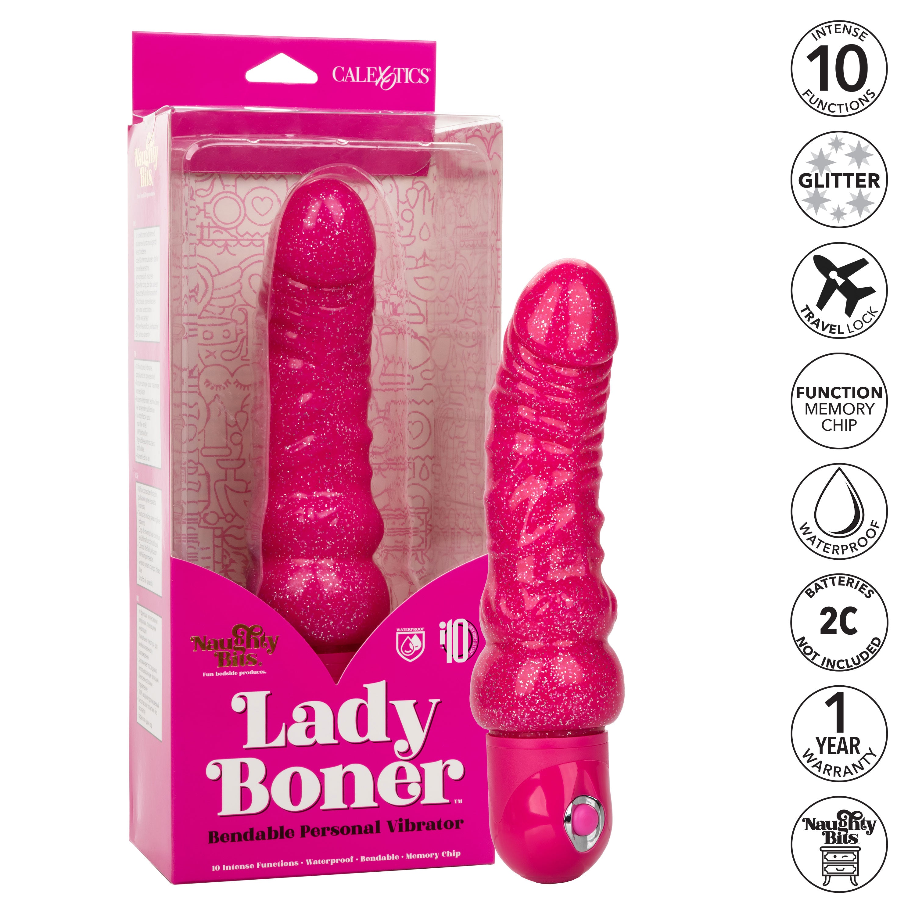 Naughty Bits Lady Boner Bendable Personal Vibrator Pink Glitter 10 Function Waterproof > Vibrators > Realistic Vibrators