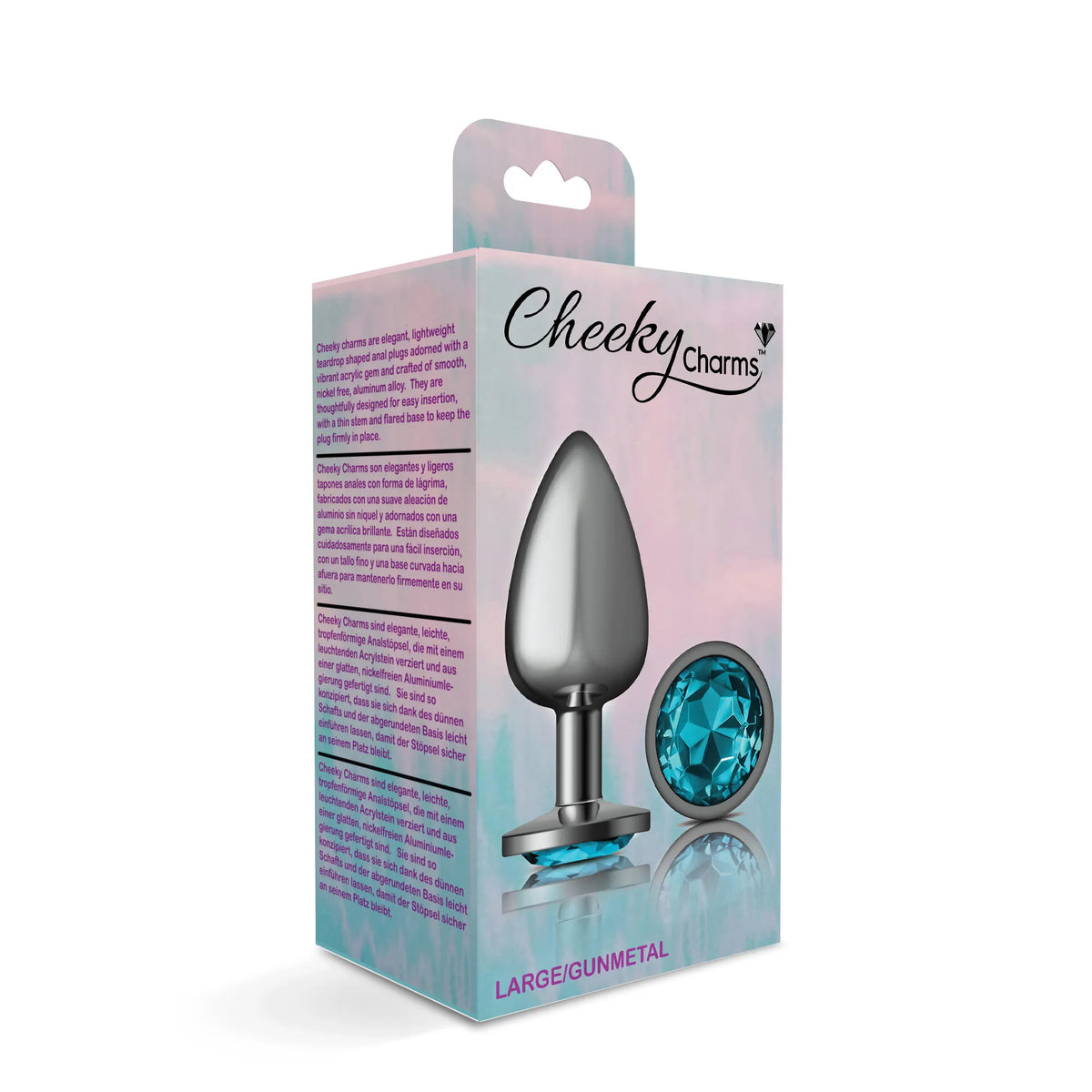 Cheeky Charms Gunmetal Round Butt Plug with Teal Jewel Large (9.12cm) > Anal Range > Jewel Butt Plugs
