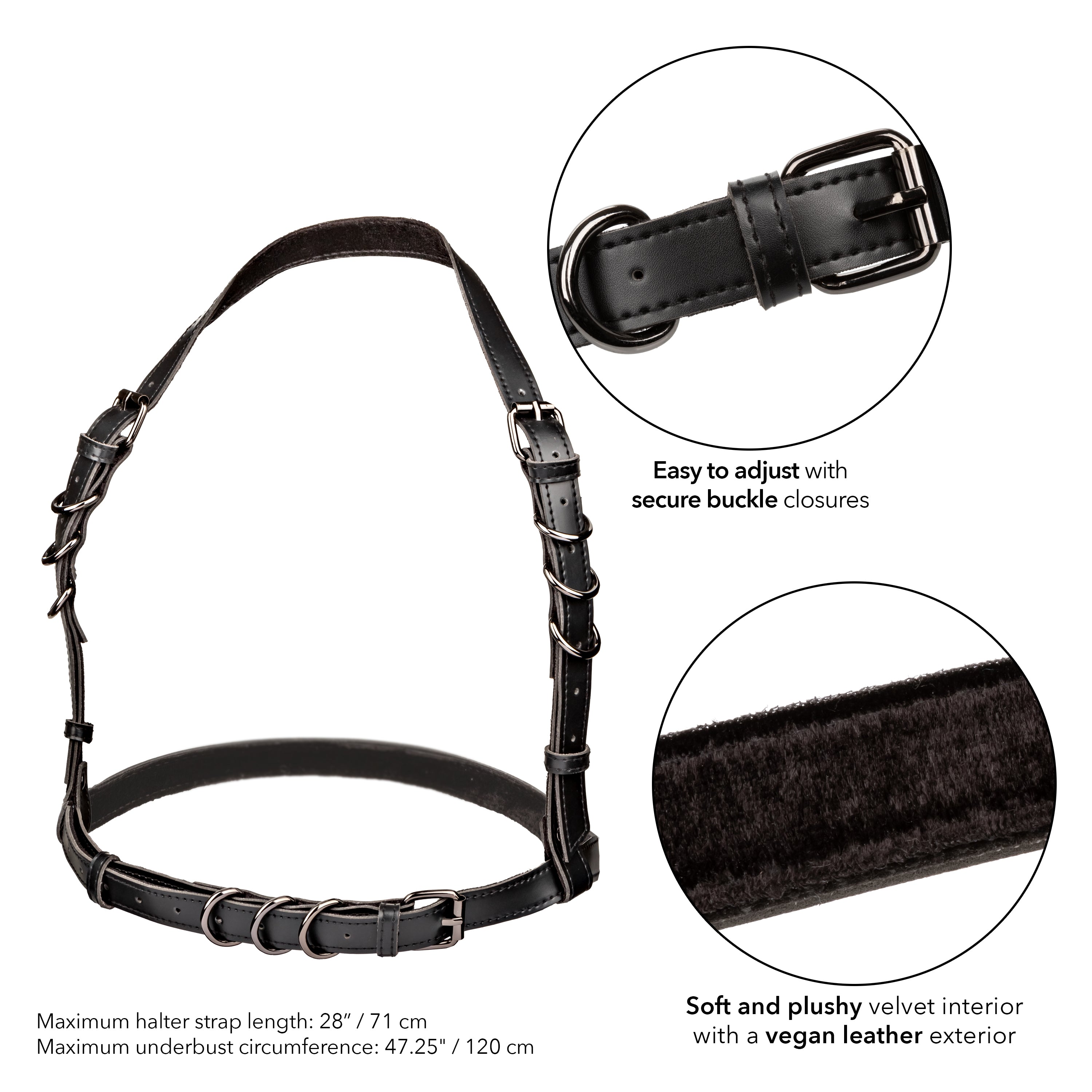 Euphoria Collection Plus Size Black Halter Buckle Harness with Velvet Interior and Vegan Leather Exterior Secondary image