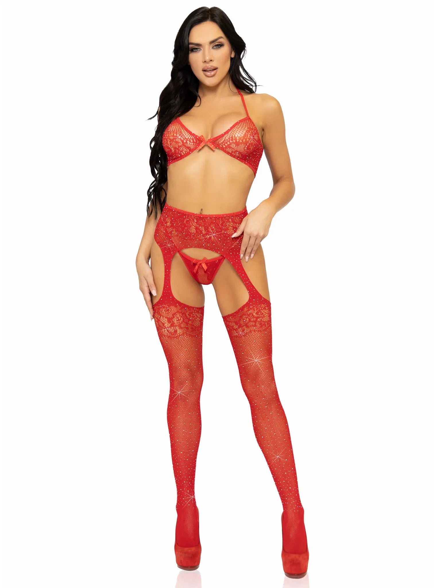 3 Pc Rhinestone Bra Top, G-String, and Garter Belt Stockings (Red) – Lingerie Set > Clothes > Lingerie Sets