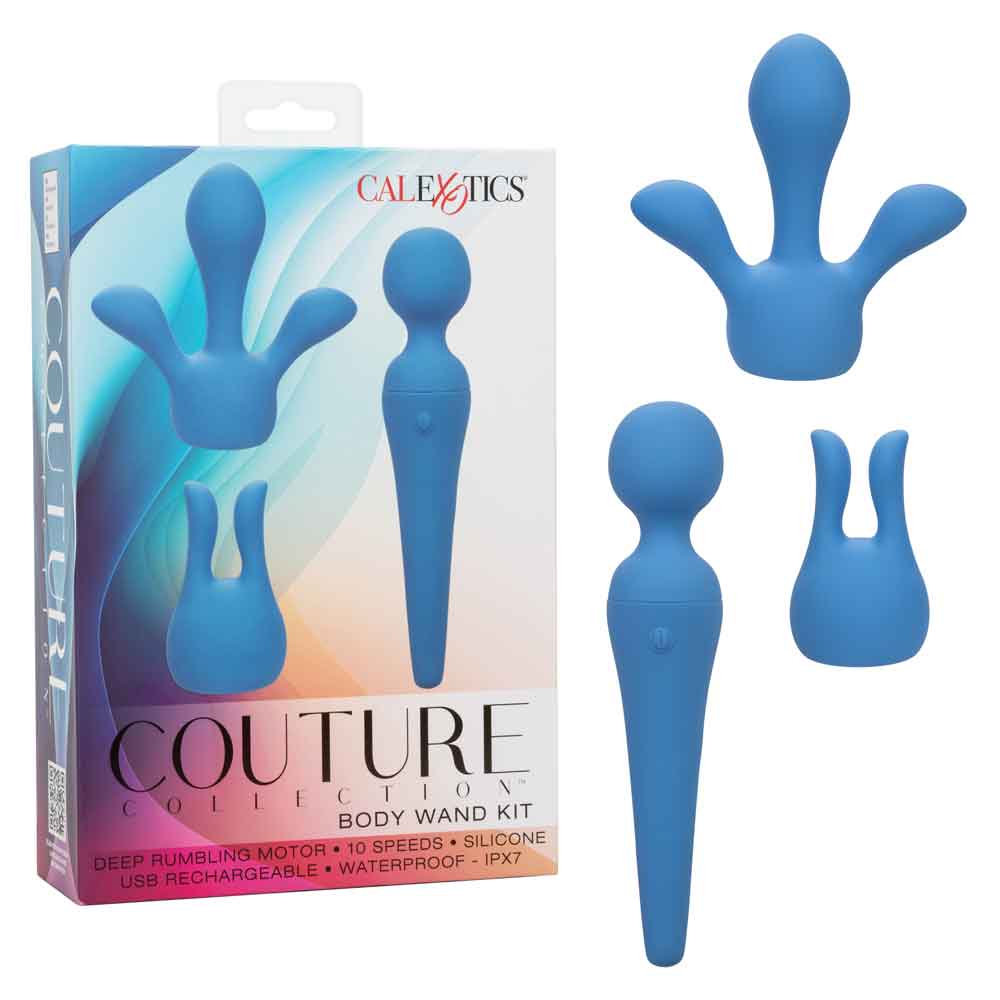 Couture Collection™ Body Wand Kit Blue Silicone USB Rechargeable Waterproof with Dual and Triple Teaser Attachments Electric Massager