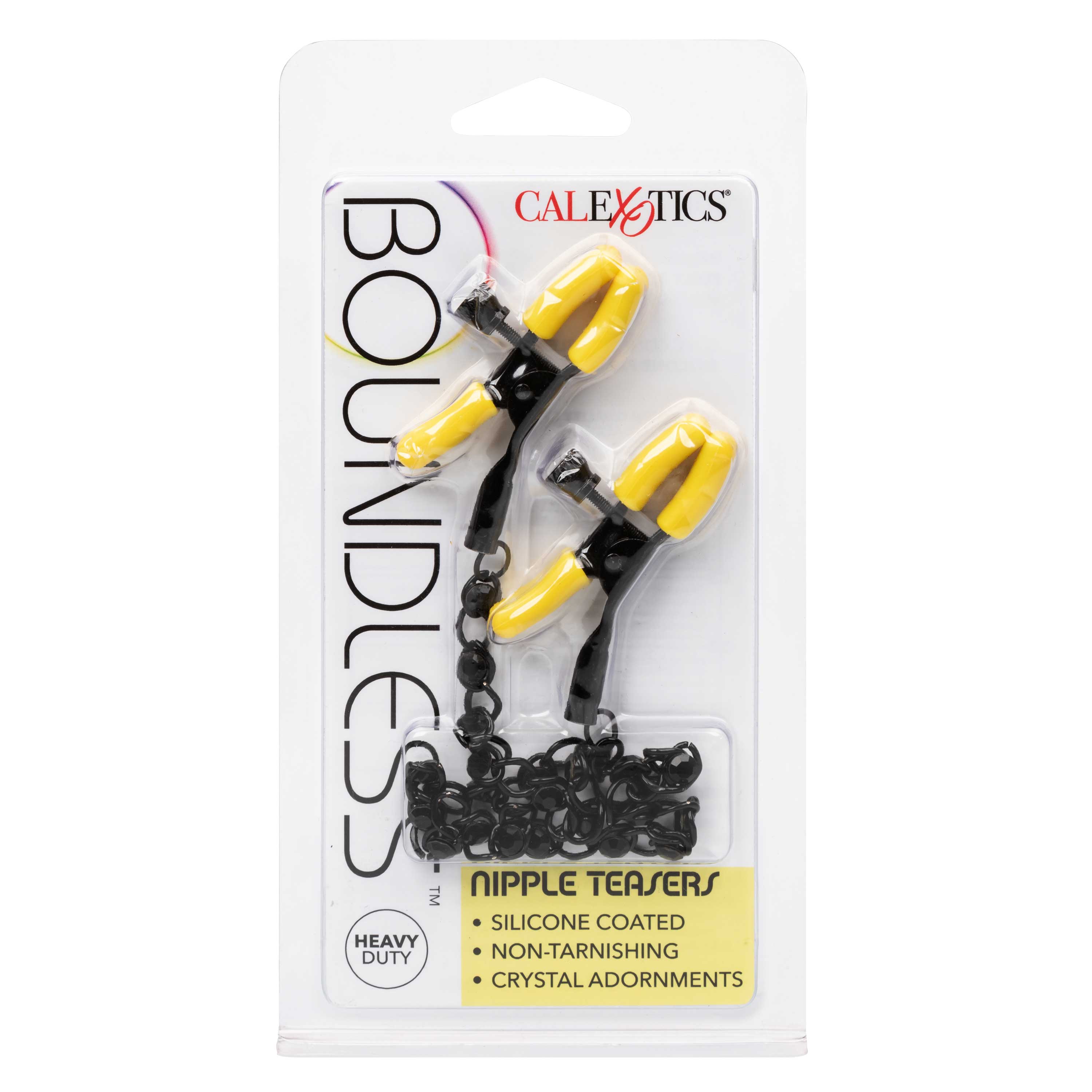 Boundless Nipple Teasers Adjustable Black Chain with Yellow Silicone Coated Clamps and Crystal Adornments Nipple Stimulators