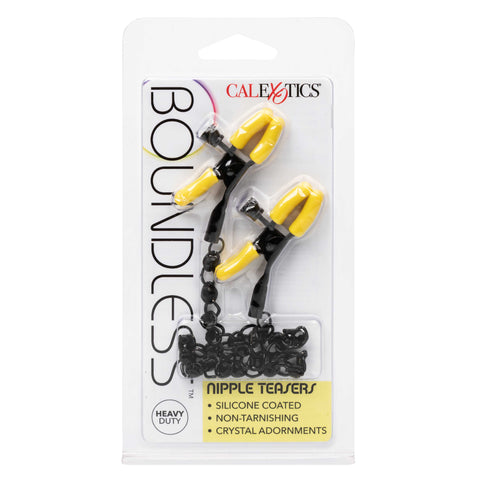 Boundless Nipple Teasers Adjustable Black Chain with Yellow Silicone Coated Clamps and Crystal Adornments Nipple Stimulators