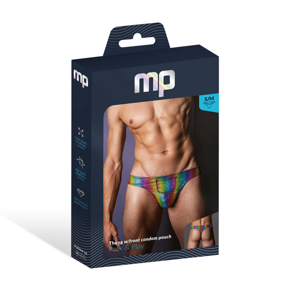 Rainbow Pack and Play Thong with Front Condom Pouch S/M Rainbow S M > Clothes > Mens Thongs