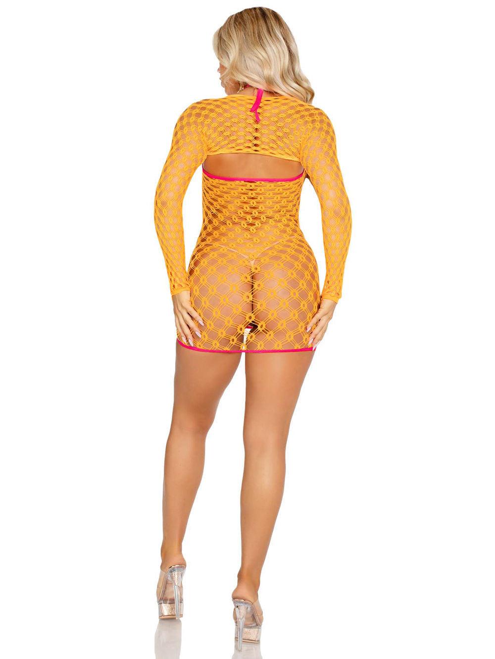 2 Pc Neon Orange Eyelet Net Mini Dress Set with Shrug > Clothes > Dresses and Chemises