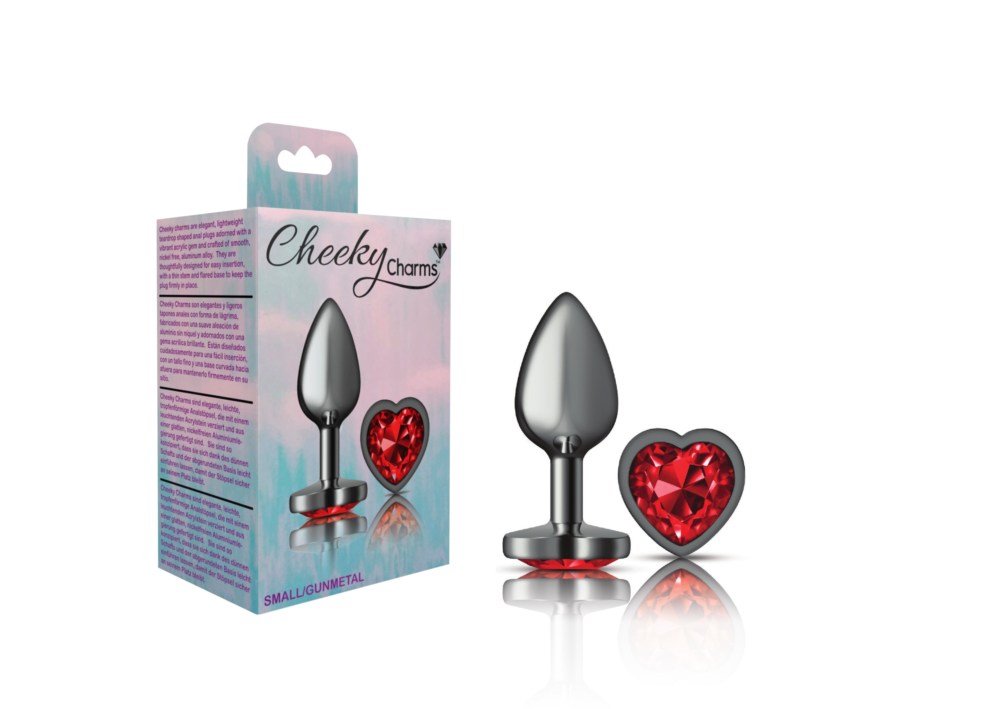 Cheeky Charms Gunmetal Butt Plug with Heart Red Jewel Small Red > Anal Range > Jewel Butt Plugs