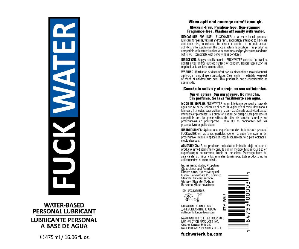FuckWater Water-Based Lubricant – Premium Glycerin-Free 16 Fl Oz Lubricant > Lube > Water Based
