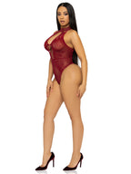 Net and Lace Keyhole Halter Bodysuit (Burgundy) – One Size Lingerie > Clothes > Bodies and Playsuits