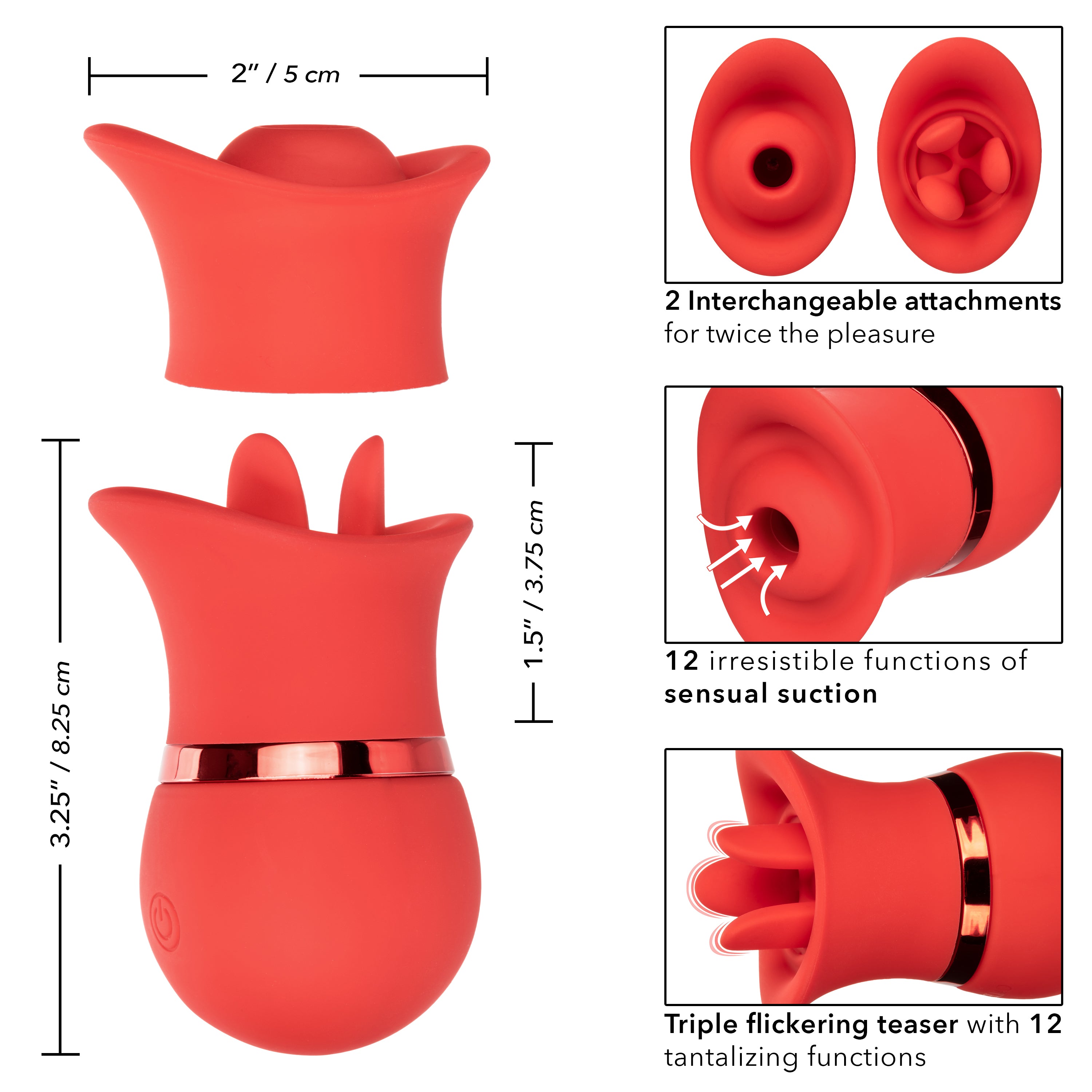 French Kiss Suck and Play Interchangeable Set Red Silicone Mini Massager with 12 Vibration and Suction Functions Suction Stimulator