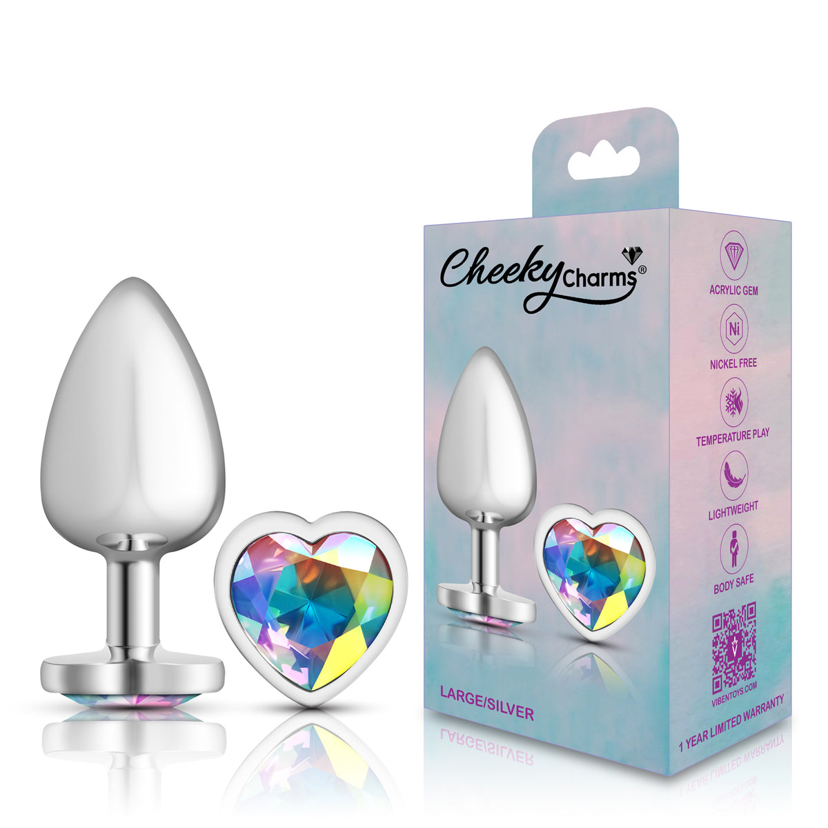 Cheeky Charms Silver Metal Butt Plug with Heart Clear Jewel Large (9.12cm) > Anal Range > Jewel Butt Plugs