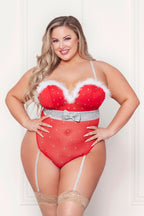 Rhinestone Studded Mesh Teddy Lingerie With Marabou Trim Red Red 3X-4X > Clothes > Teddies