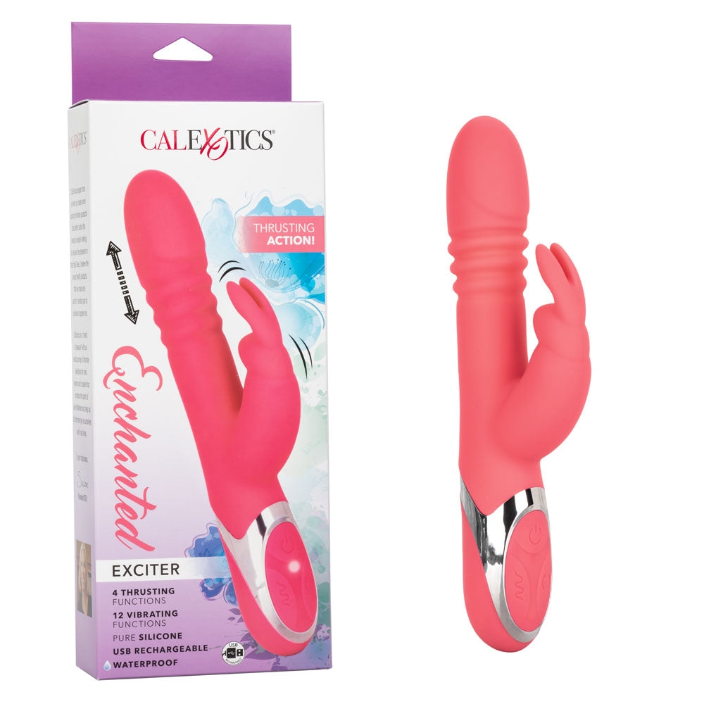Enchanted Exciter Pink Silicone Rechargeable Waterproof Vibrator with 4 Shaft Rotation, 4 Thrusting Functions and 12 Vibration Modes VIBRATORS-RABBIT