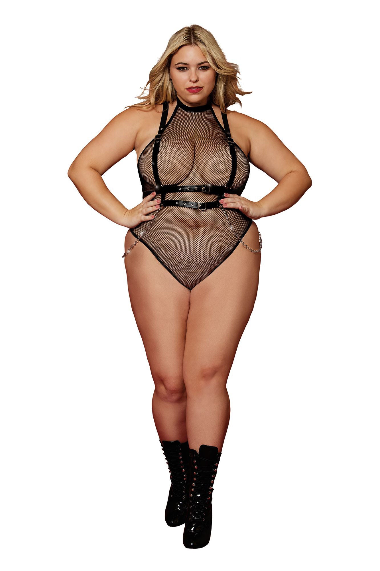 Black Queen Size Fishnet Teddy and Faux Leather Harness Set Harnesses & Strap-Ons