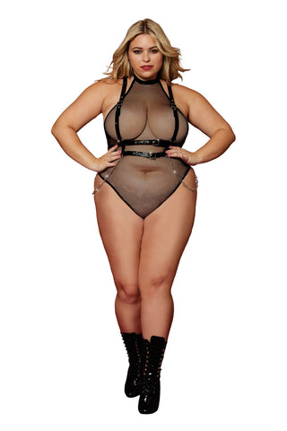 Black Queen Size Fishnet Teddy and Faux Leather Harness Set Harnesses & Strap-Ons