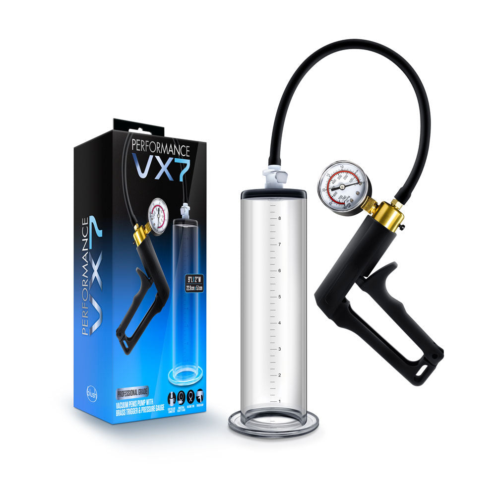 Vx7 Vacuum Penis Pump with Brass Trigger and Pressure Gauge Clear PUMPS
