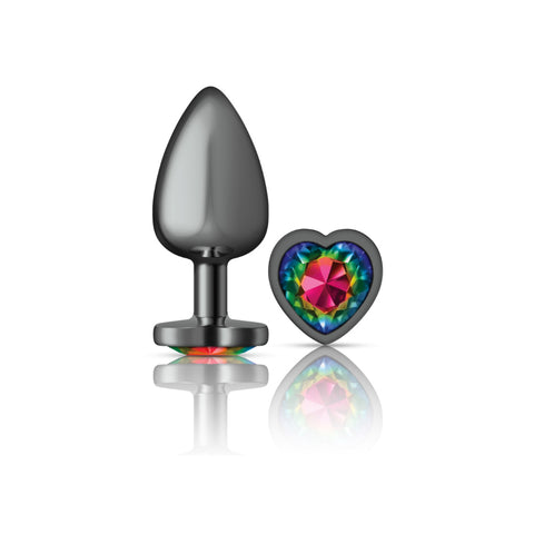 Cheeky Charms Gunmetal Butt Plug with Heart Rainbow Jewel Large > Anal Range > Jewel Butt Plugs