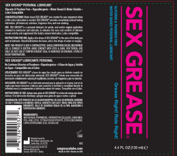 Sex Grease Water Based Personal Lubricant 4.4 Ounces USA Made Clear Speciality Lubricants