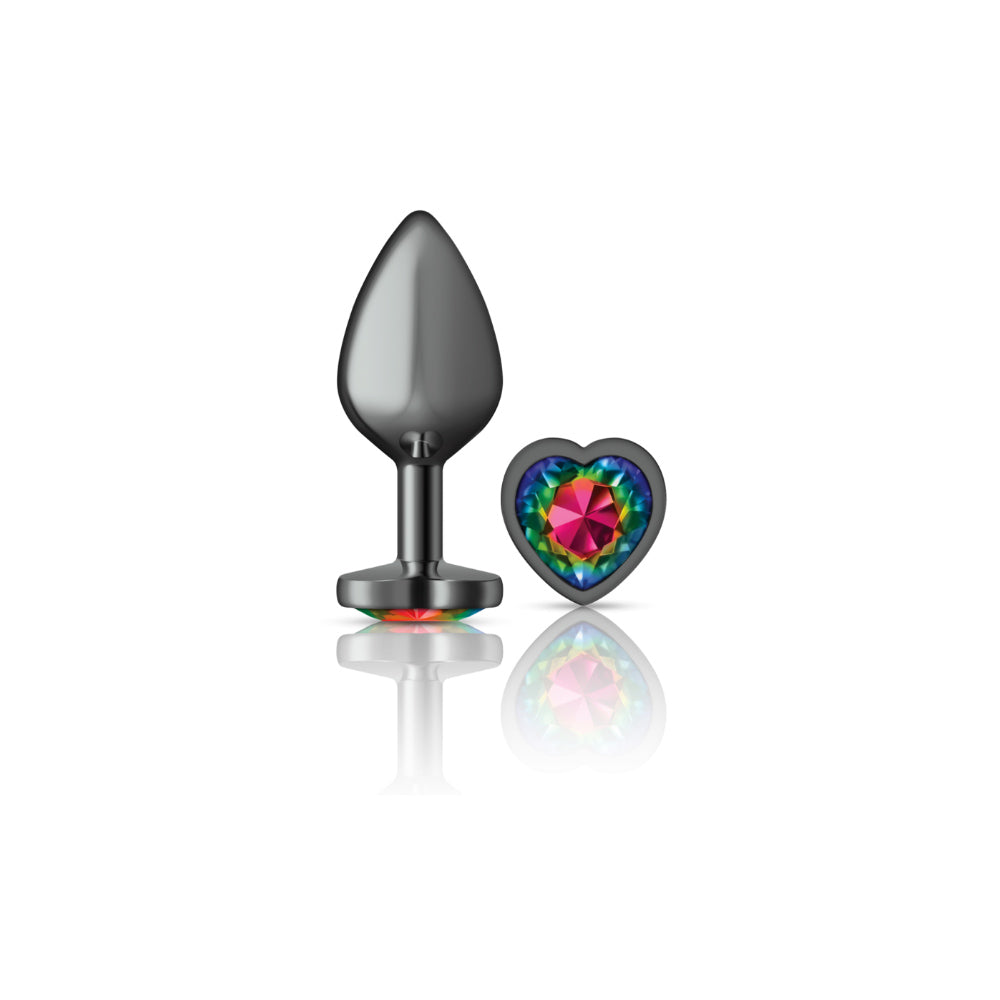 Cheeky Charms Gunmetal Medium Butt Plug with Heart Rainbow Jewel Multi Medium > Anal Range > Jewel Butt Plugs