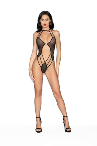 Black Jeweled Fishnet Teddy Lingerie One Size Halter Design Teddies