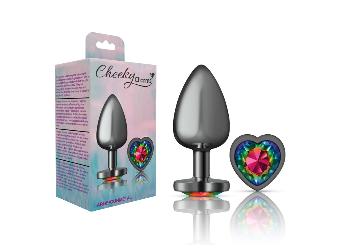 Cheeky Charms Gunmetal Butt Plug with Heart Rainbow Jewel Large (9.12cm) > Anal Range > Jewel Butt Plugs