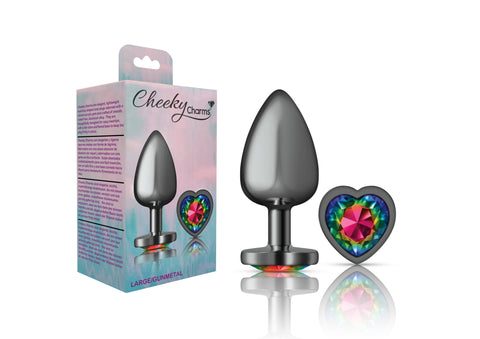 Cheeky Charms Gunmetal Butt Plug with Heart Rainbow Jewel Large Multi > Anal Range > Jewel Butt Plugs