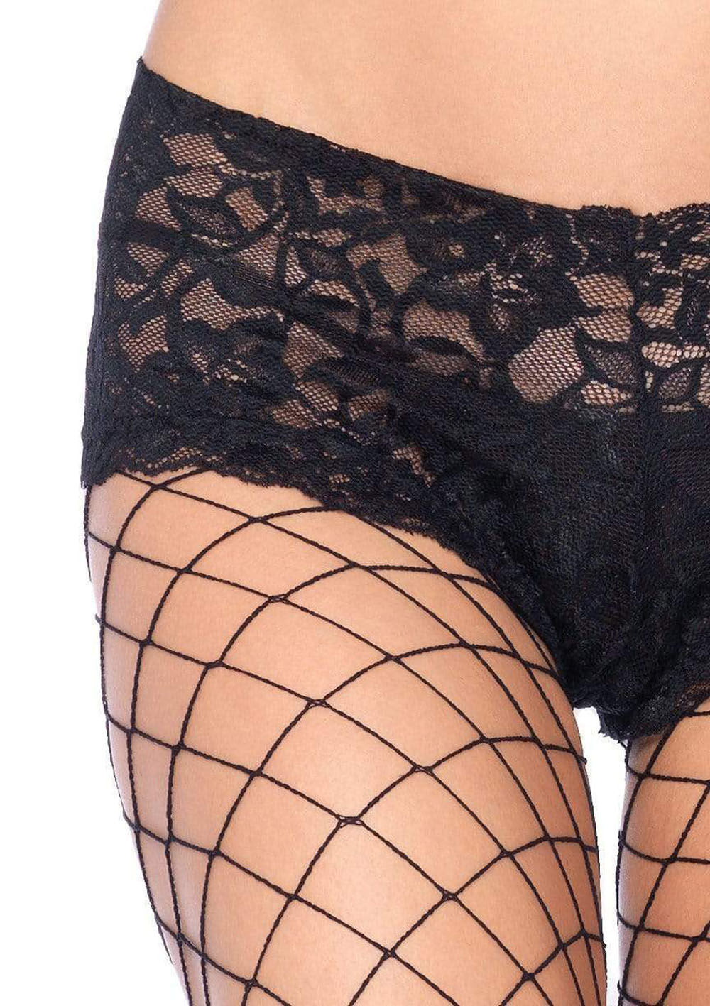 Queen Size Black Fishnet Pantyhose With Boy Short Lace Top Hosiery