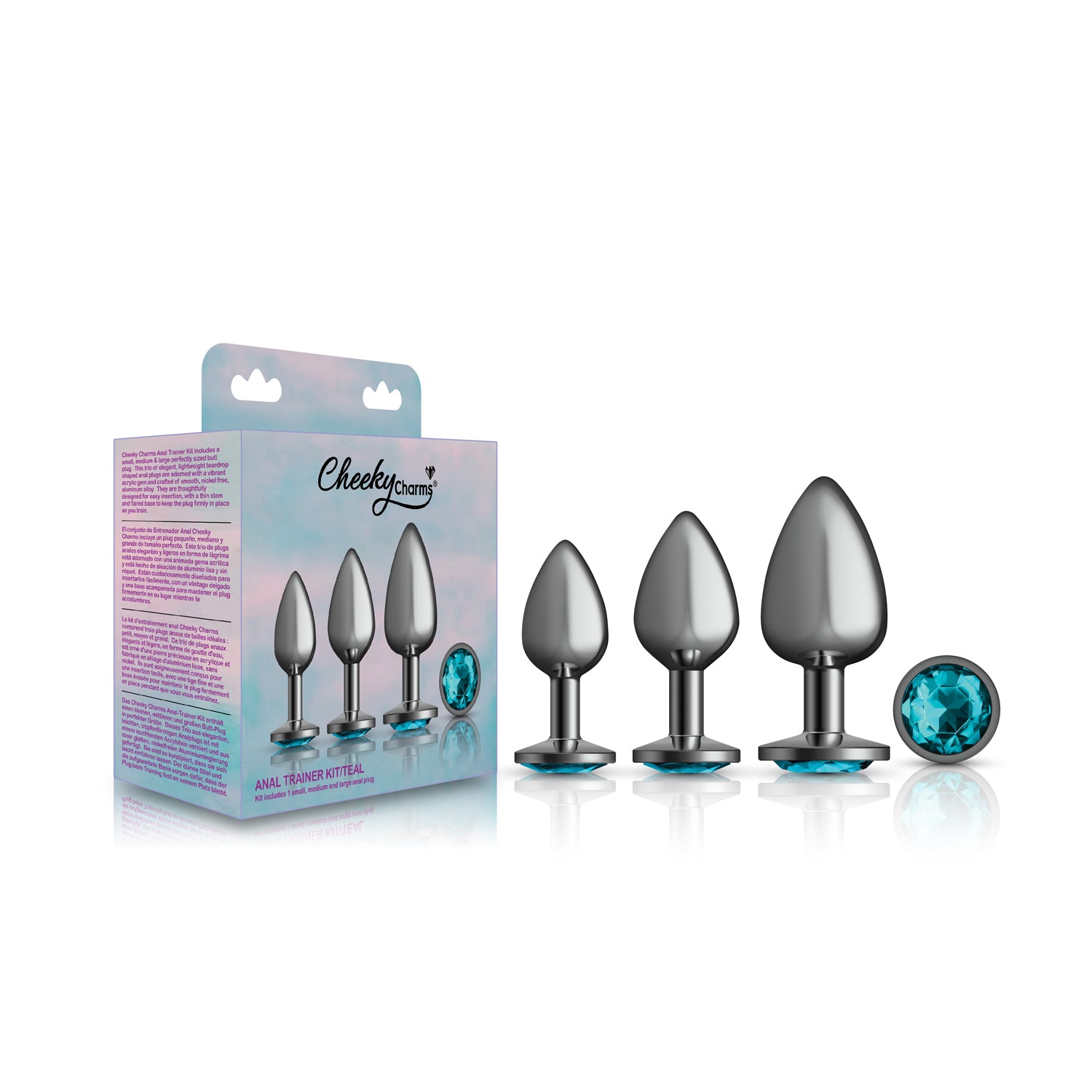 Cheeky Charms Round Metal Butt Plug Gunmetal Three Piece Kit with Teal Jewel > Anal Range > Butt Plug Kits