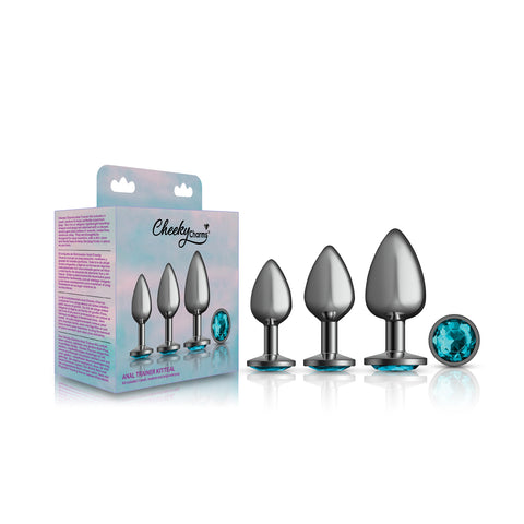 Cheeky Charms Round Metal Butt Plug Gunmetal Three Piece Kit with Teal Jewel > Anal Range > Butt Plug Kits