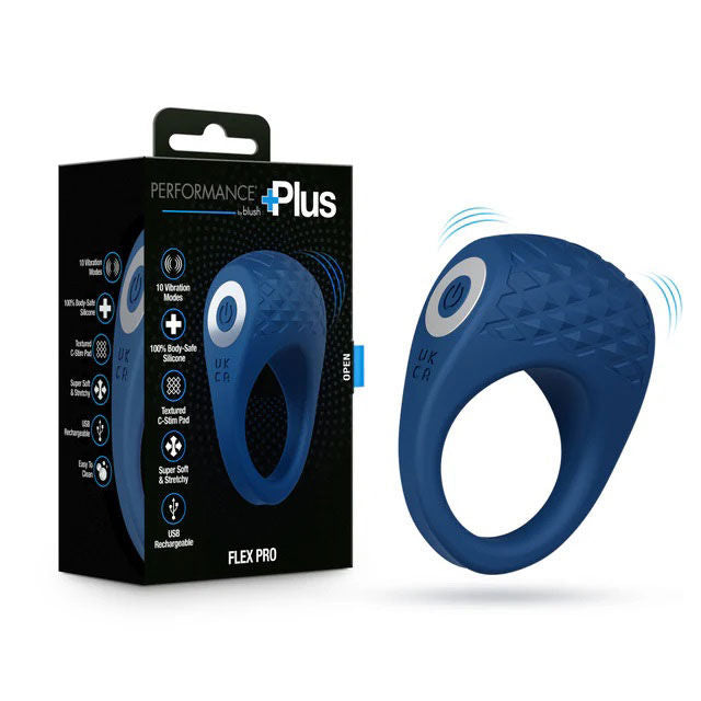 Performance Plus Flex Pro (Blue) – Premium Vibrating Cock Ring with 10 Modes and Textured C-Stim Pad Blue > Cock Ring > Vibrating