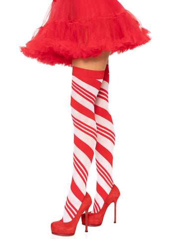 Candy Cane Thigh High (White Red) – Sheer One Size Hosiery Hosiery