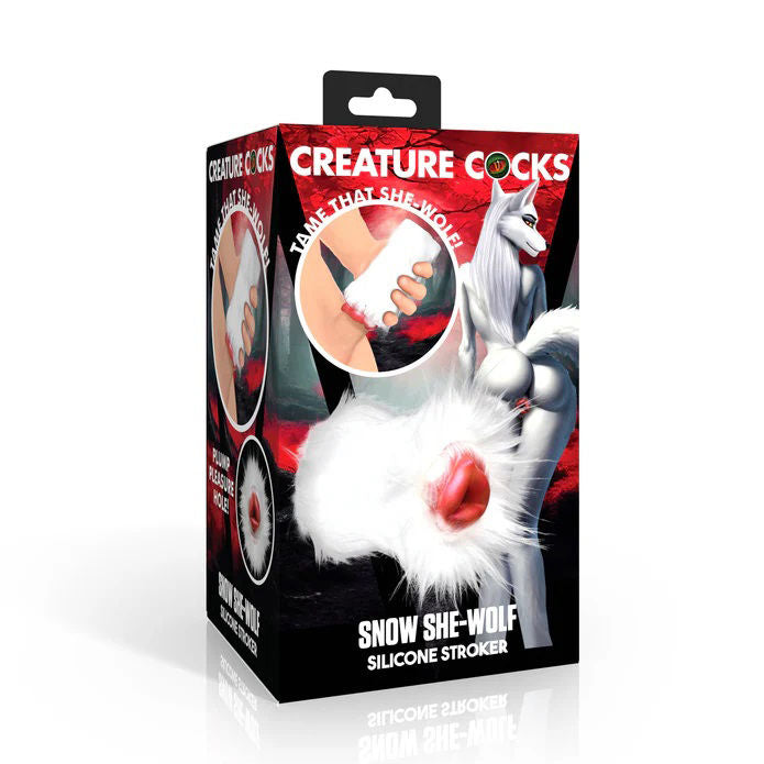 Snow She-Wolf Silicone Stroker with Detachable Fur Sleeve White White Strokers - Manual