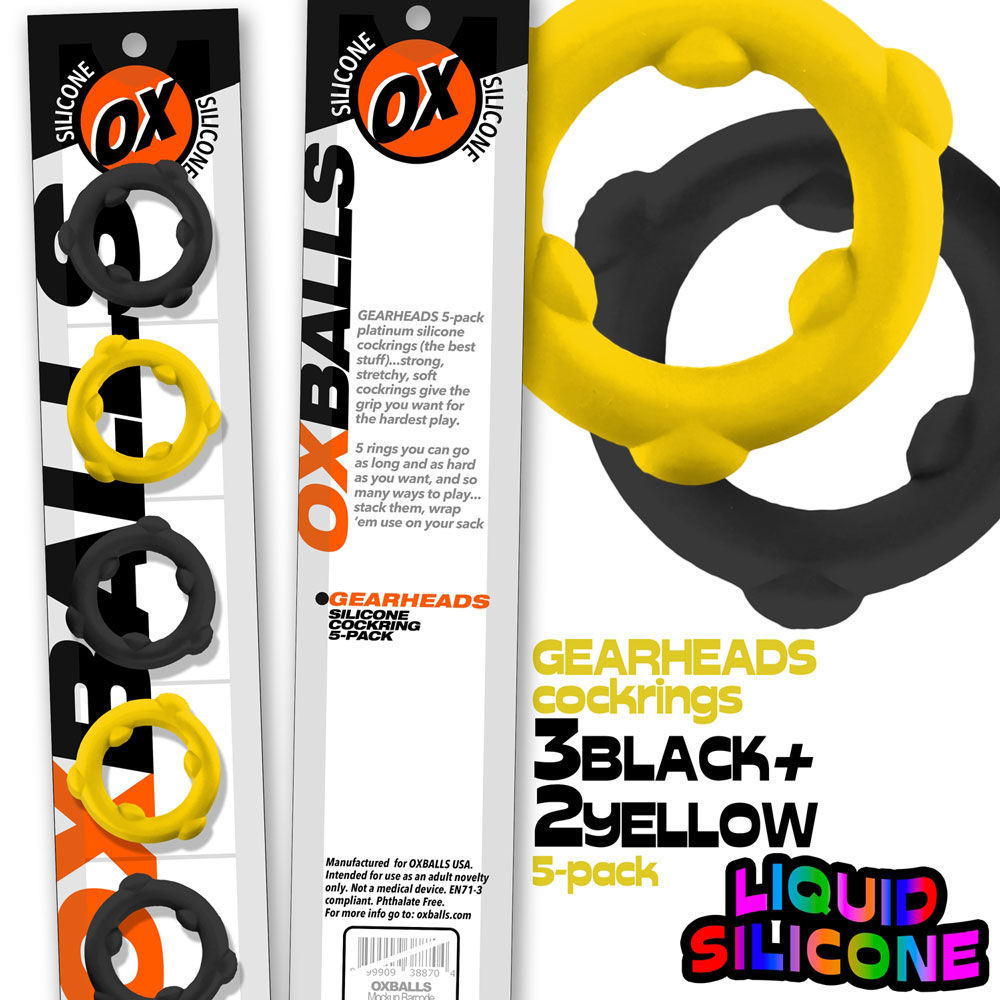 Gearheads 5 Pack Spinner Rings (Black Vapor) – Stretchy Silicone Cock Rings Yellow Cockrings