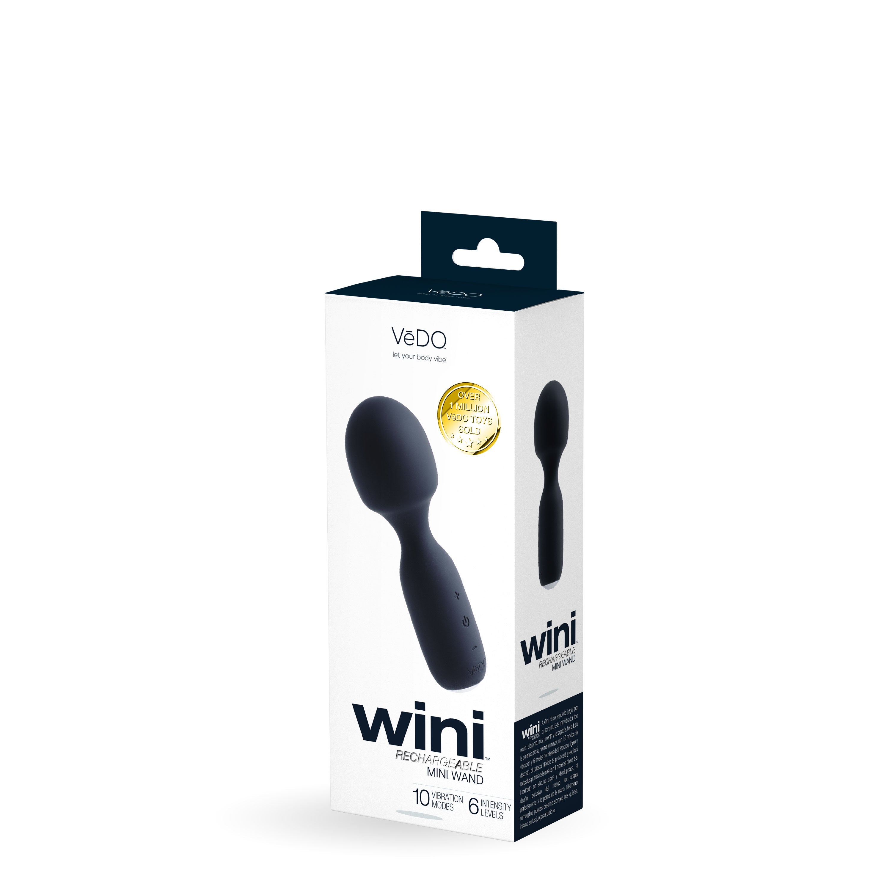 Wini Rechargeable Mini Wand Massager Black with 10 Vibrations Black Electric Massager