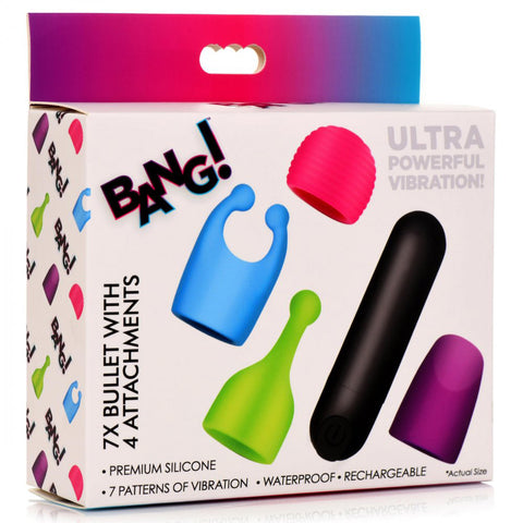 Bang! Rechargeable Bullet Vibrator with 4 Glow-in-the-Dark Attachments – Pink, Green, Blue, and Purple, Waterproof Silicone, 7 Vibration Patterns BULLETS