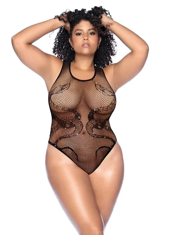 Curve Snake Fishnet Rhinestone Bodysuit (Black) – Sheer Bodysuit Black Curvy Size > Clothes > Plus Size Lingerie