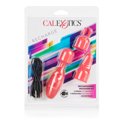 Rechargeable Massager Kit with Three Silicone Attachments and USB Charging in Coral Red Pink Finger Stimulator
