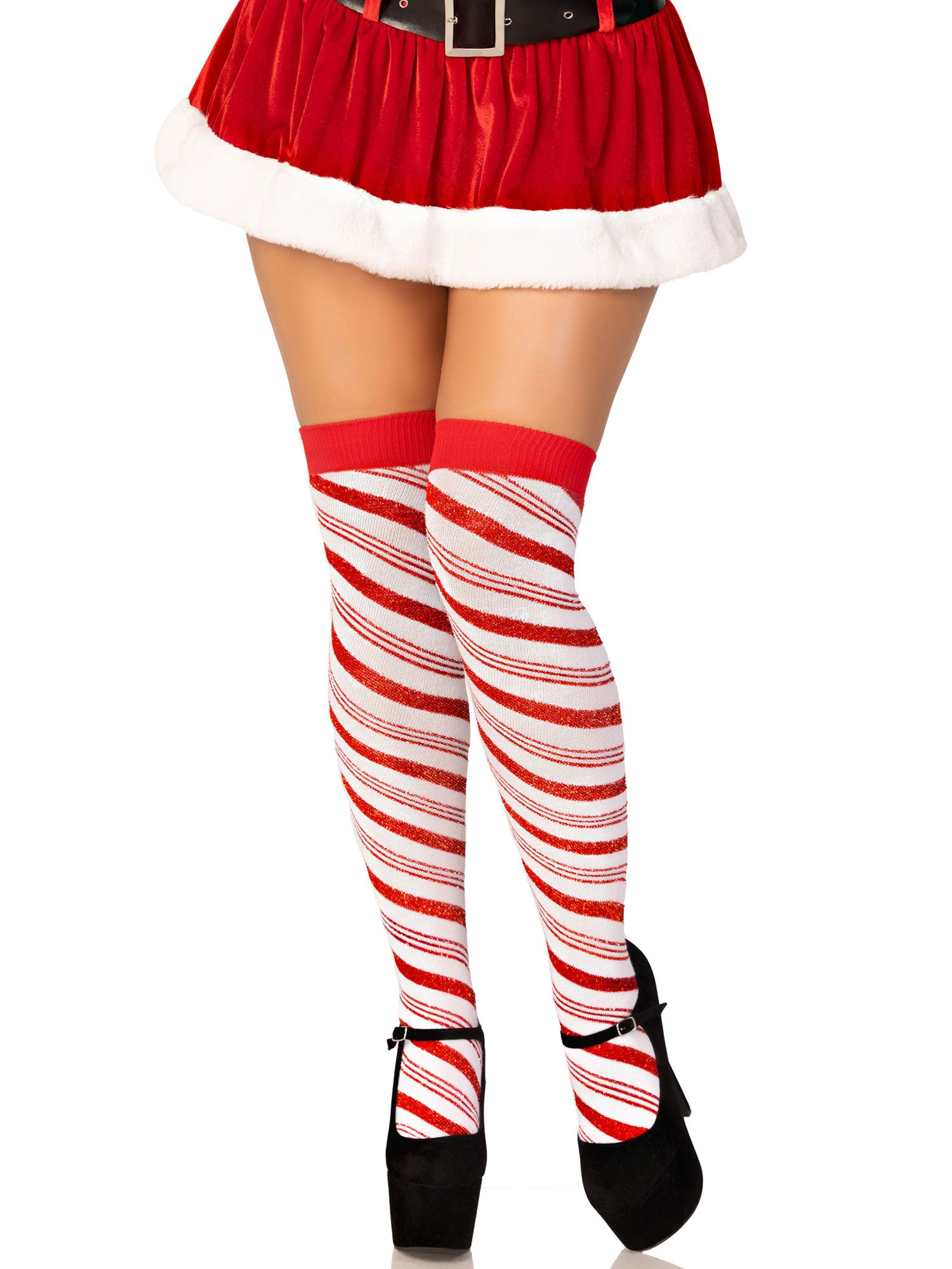 Leg Avenue Candy Cane Lurex Striped Over The Knee Socks White Red Multi Hosiery