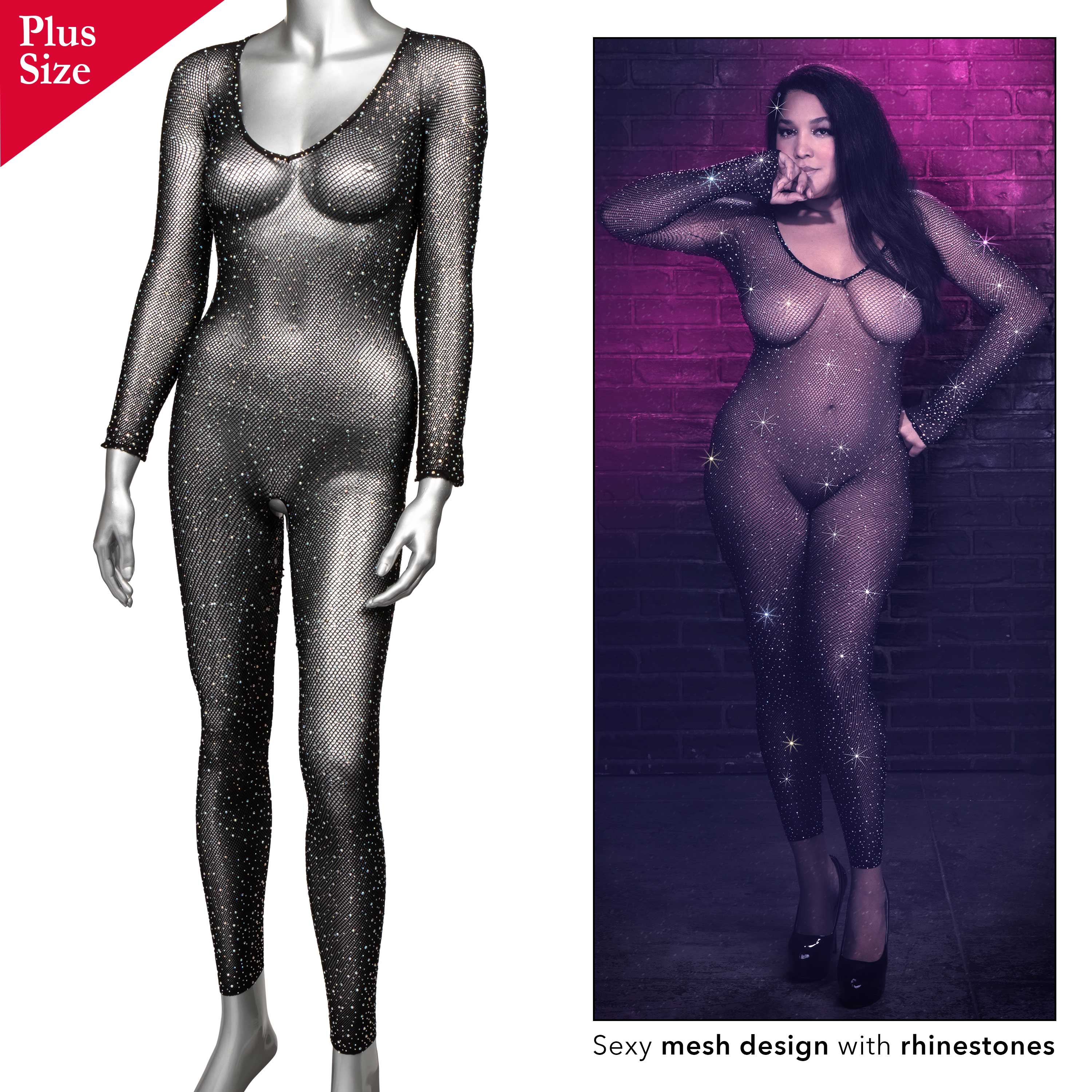 Radiance Plus Size Crotchless Body Suit Black Mesh Rhinestones > Clothes > Plus Size Lingerie
