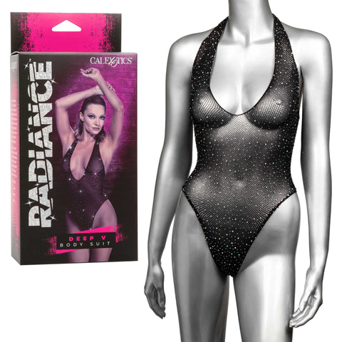 Radiance Deep V Black Rhinestone Mesh Body Suit One Size Bodystocking