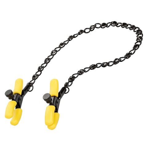 Boundless Nipple Teasers Adjustable Black Chain with Yellow Silicone Coated Clamps and Crystal Adornments Nipple Stimulators