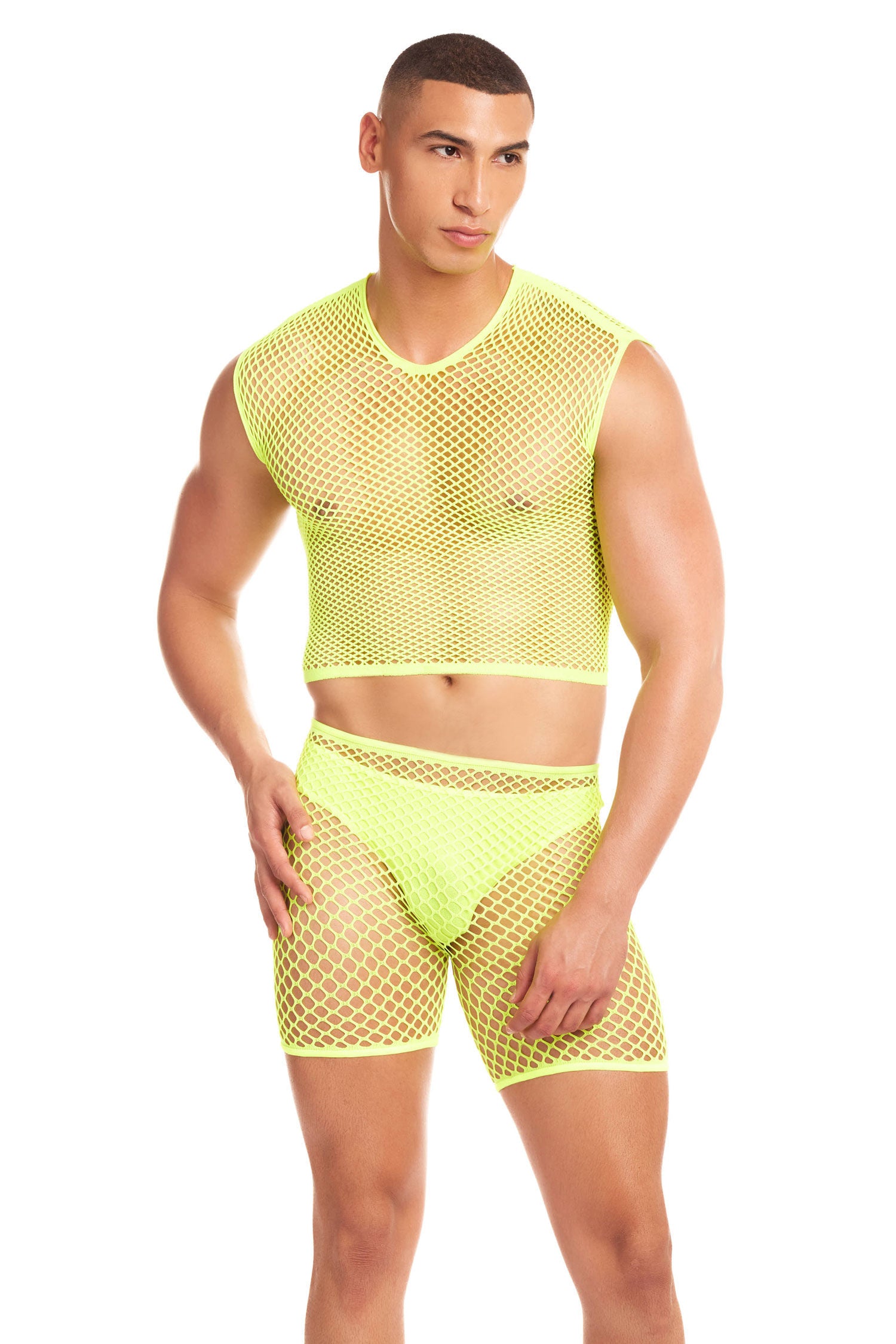 Net-Bula 3-Piece Mens Thong Set Small Medium Black Nylon Spandex Yellow Mens Thongs
