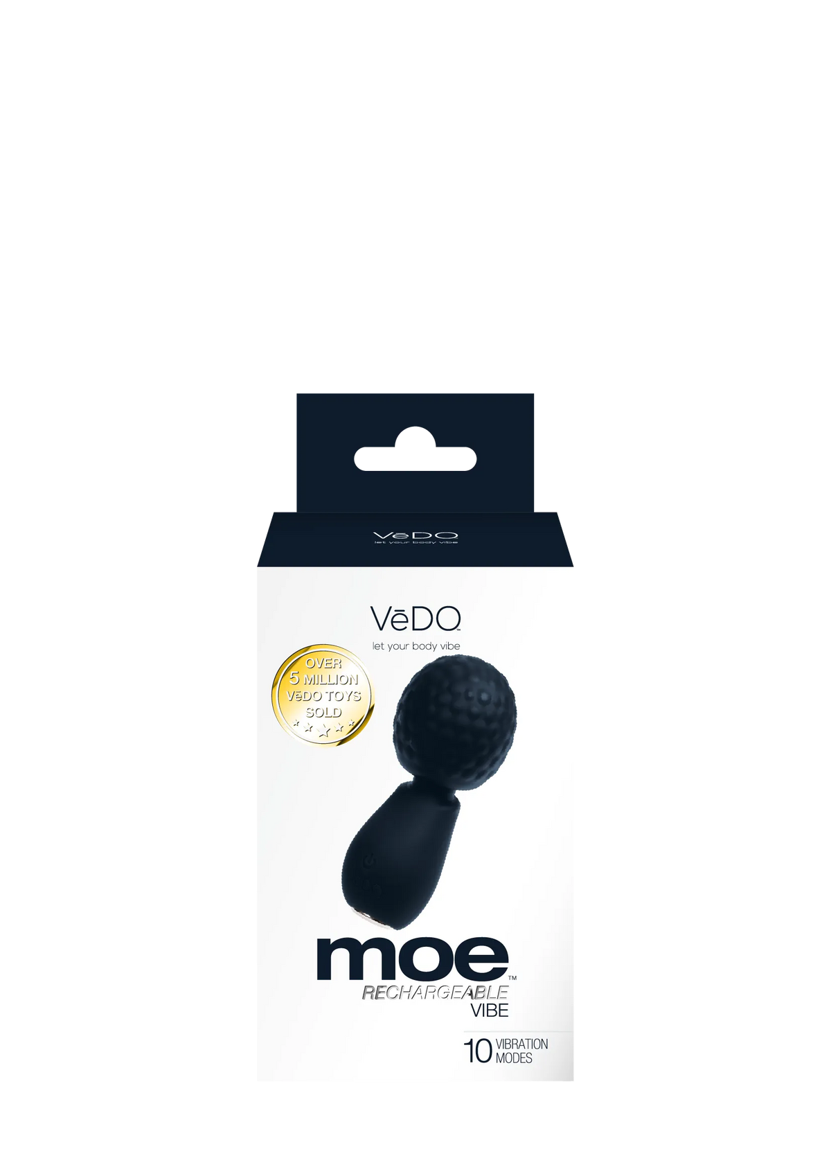 VeDO Moe Rechargeable Vibe product packaging box, featuring a black textured dual-stimulation vibrator on a white background with a gold seal.